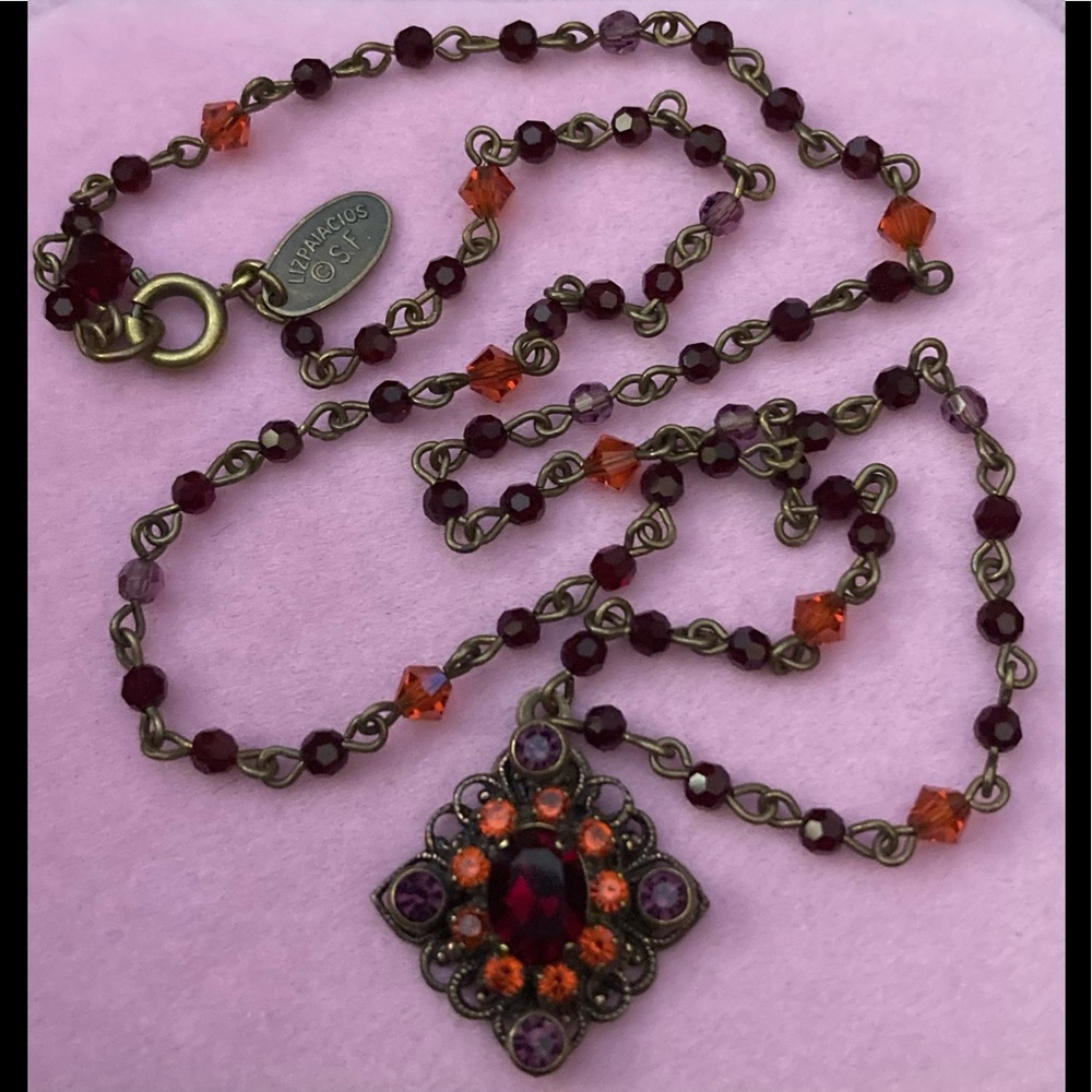 LIZ PAIACIOS S. F. Vintage Silver Tone & Red Crystal Necklace